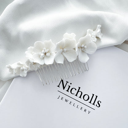 Marigold White Porcelain Flower Bridal Hair Comb Wedding Hair Accessory