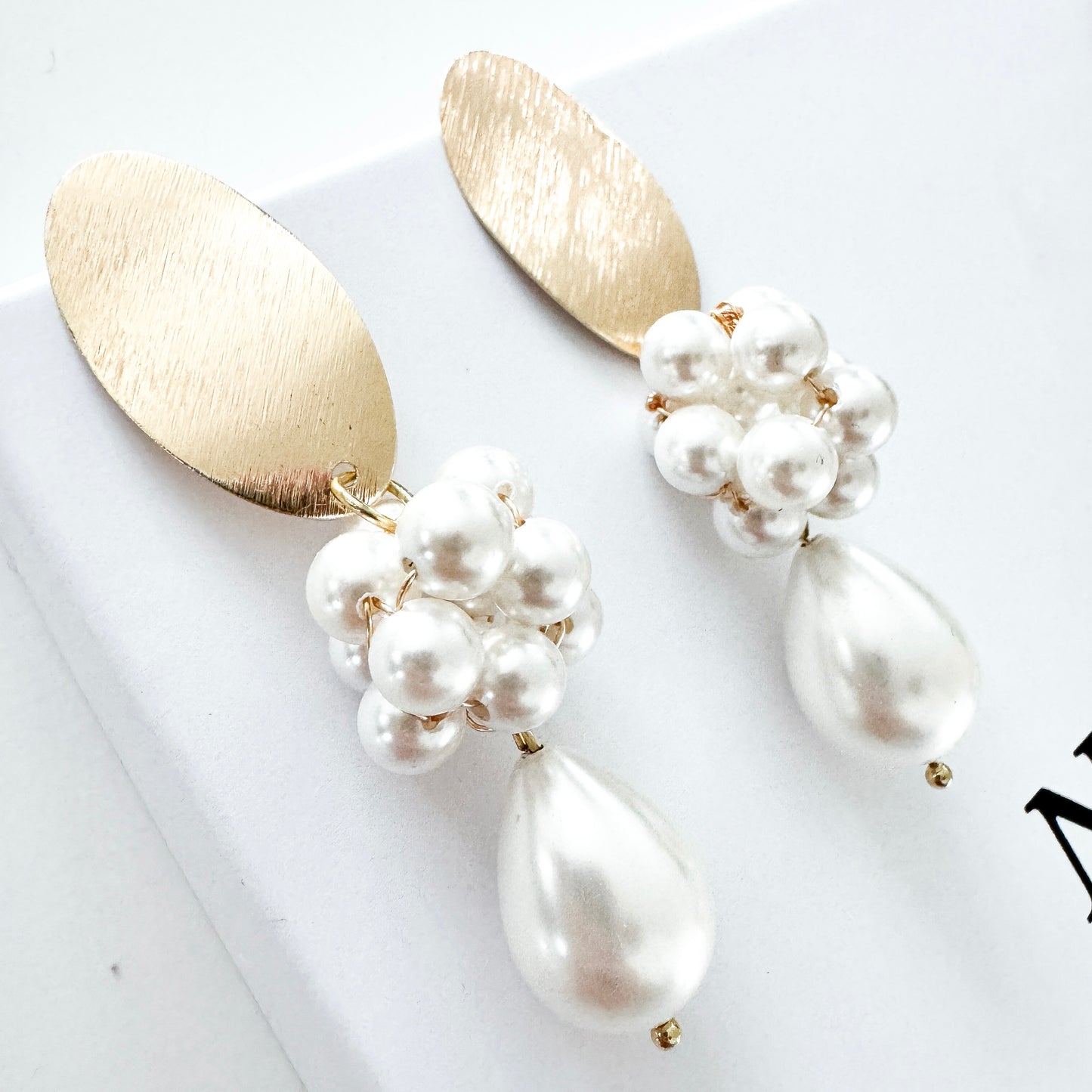 Brushed Gold Oval Cluster Ball and Chunky Pearl Statement Earrings