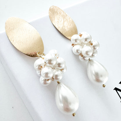 Brushed Gold Oval Cluster Ball and Chunky Pearl Statement Earrings
