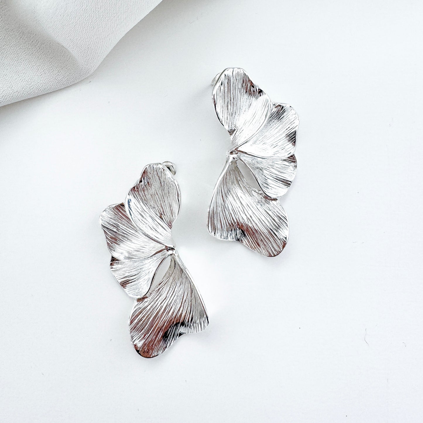 Smaller Silver Iris Petal Flower Earrings - Holiday, Christmas & Party Jewellery