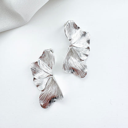 Smaller Silver Iris Petal Flower Earrings - Holiday, Christmas & Party Jewellery