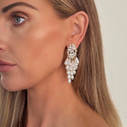 Pearl Tassel Dangle Statement Earrings with Oval Sparkle and Pearl Top Detail