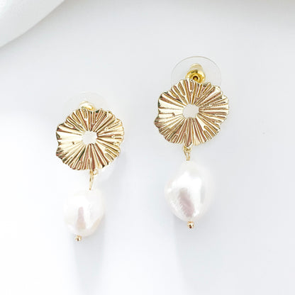 Freshwater Pearl and 14k Gold Circle Fan Earrings