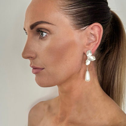 Silver Folded Flower Teardrop Pearl Earrings