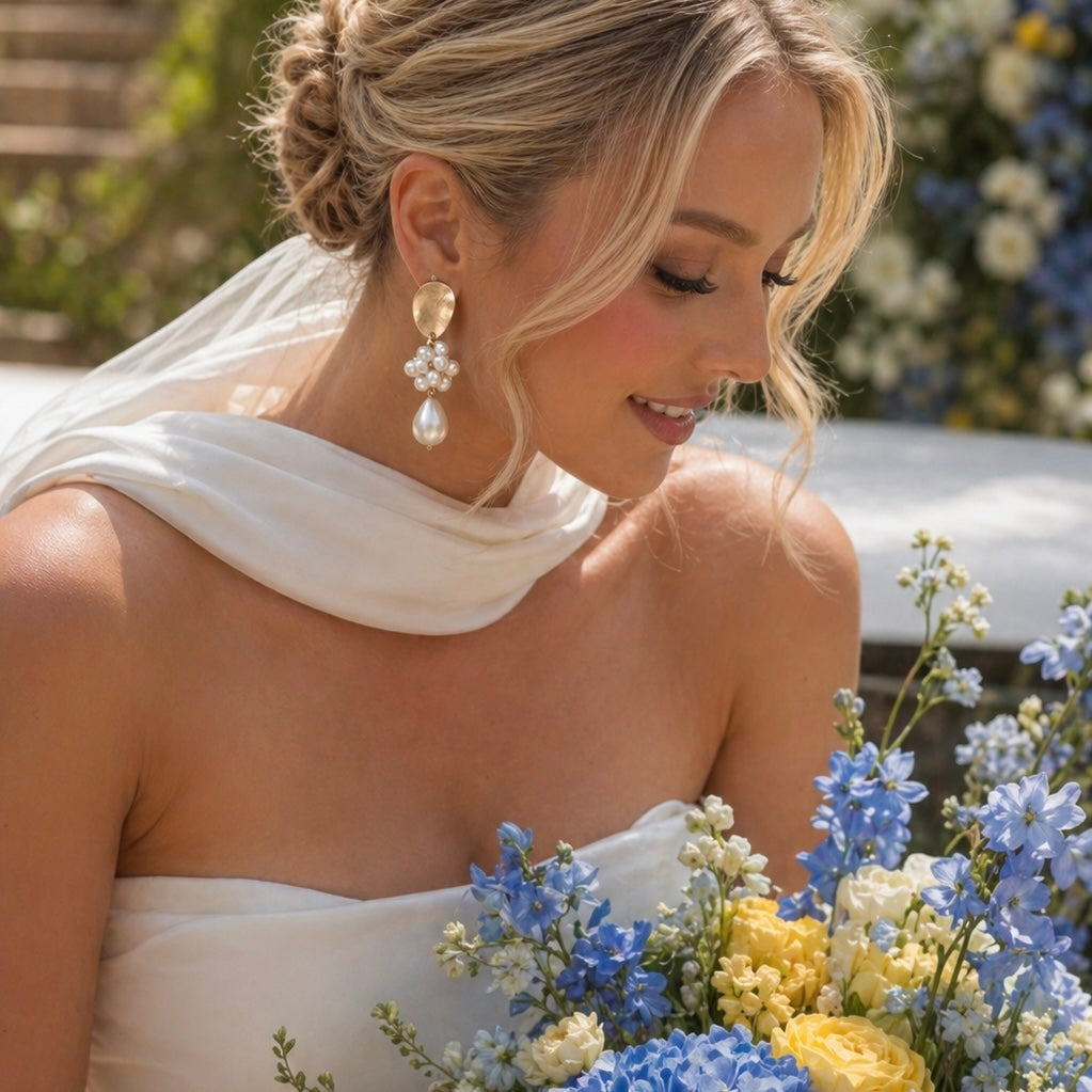Brushed Gold Oval Cluster Ball and Chunky Pearl Statement Earrings