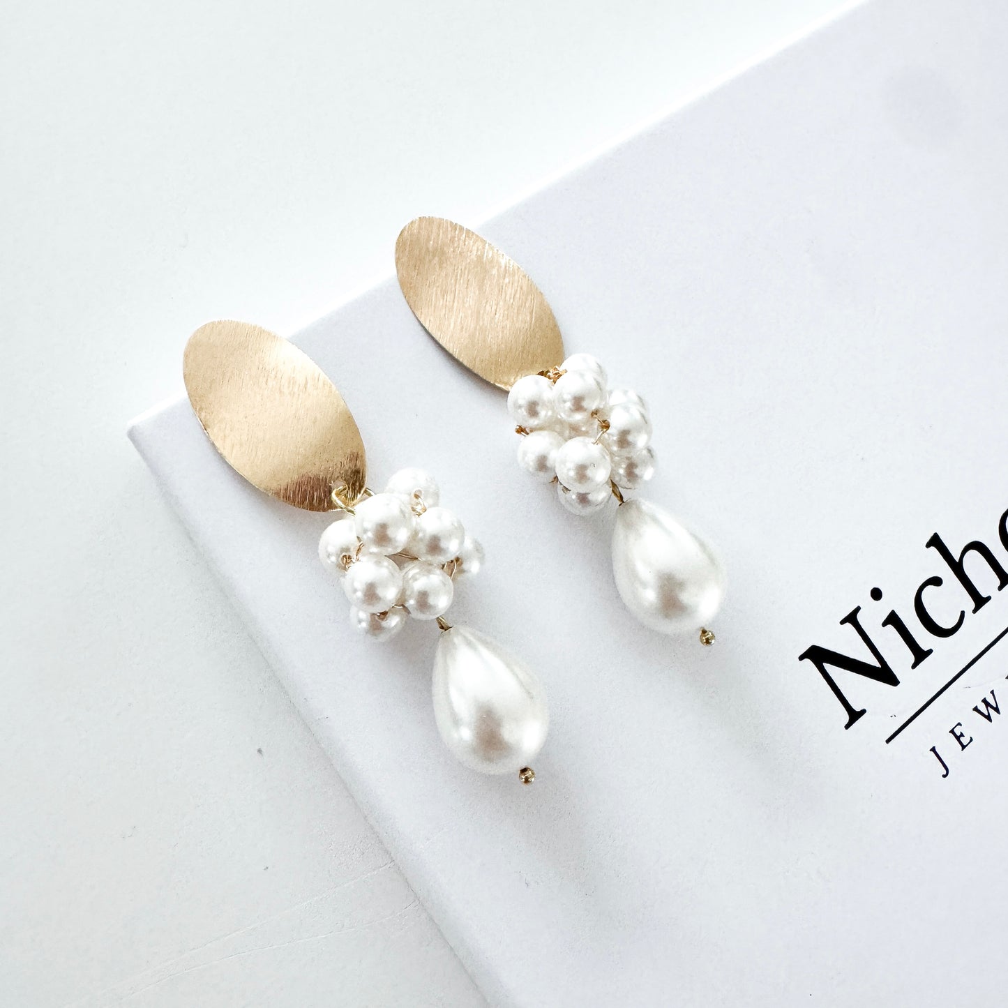 Brushed Gold Oval Cluster Ball and Chunky Pearl Statement Earrings