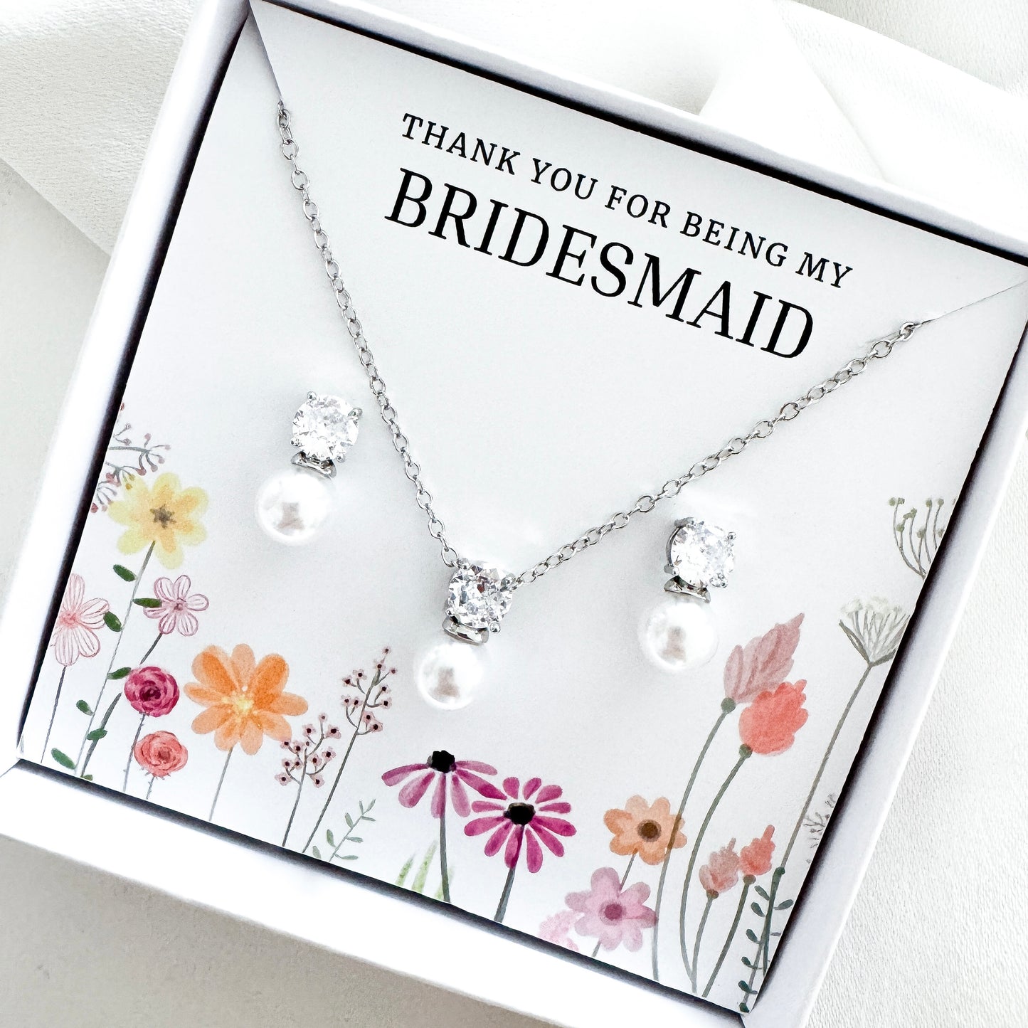 Pearl Bridesmaid Jewellery Gift Set – Cubic Zirconia & Pearl Earrings with Matching Necklace