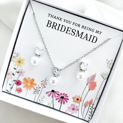 Pearl Bridesmaid Jewellery Gift Set – Cubic Zirconia & Pearl Earrings with Matching Necklace