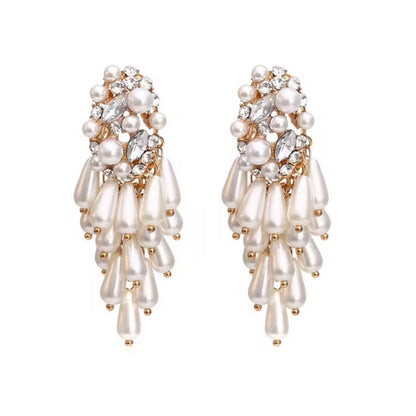 Pearl Tassel Dangle Statement Earrings with Oval Sparkle and Pearl Top Detail