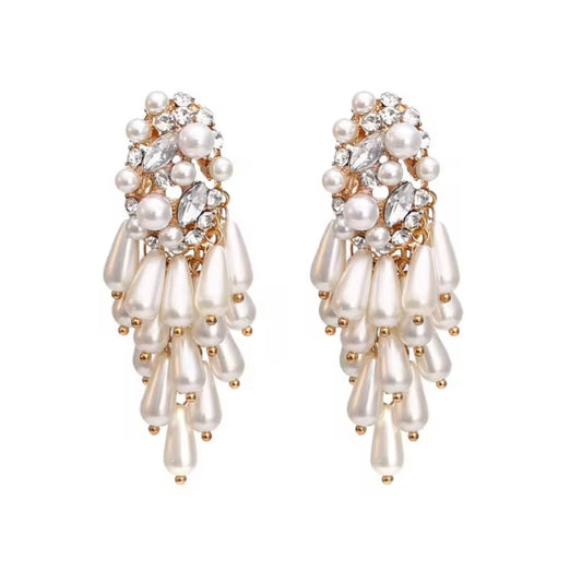 Pearl Tassel Dangle Statement Earrings with Oval Sparkle and Pearl Top Detail