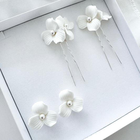 Delicate Porcelain Flower & Pearl Stud Earrings with matching Porcelain Flower Hair Pins