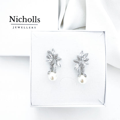 Glamourous Cubic Zirconia Crystal and Pearl Dangle Earrings