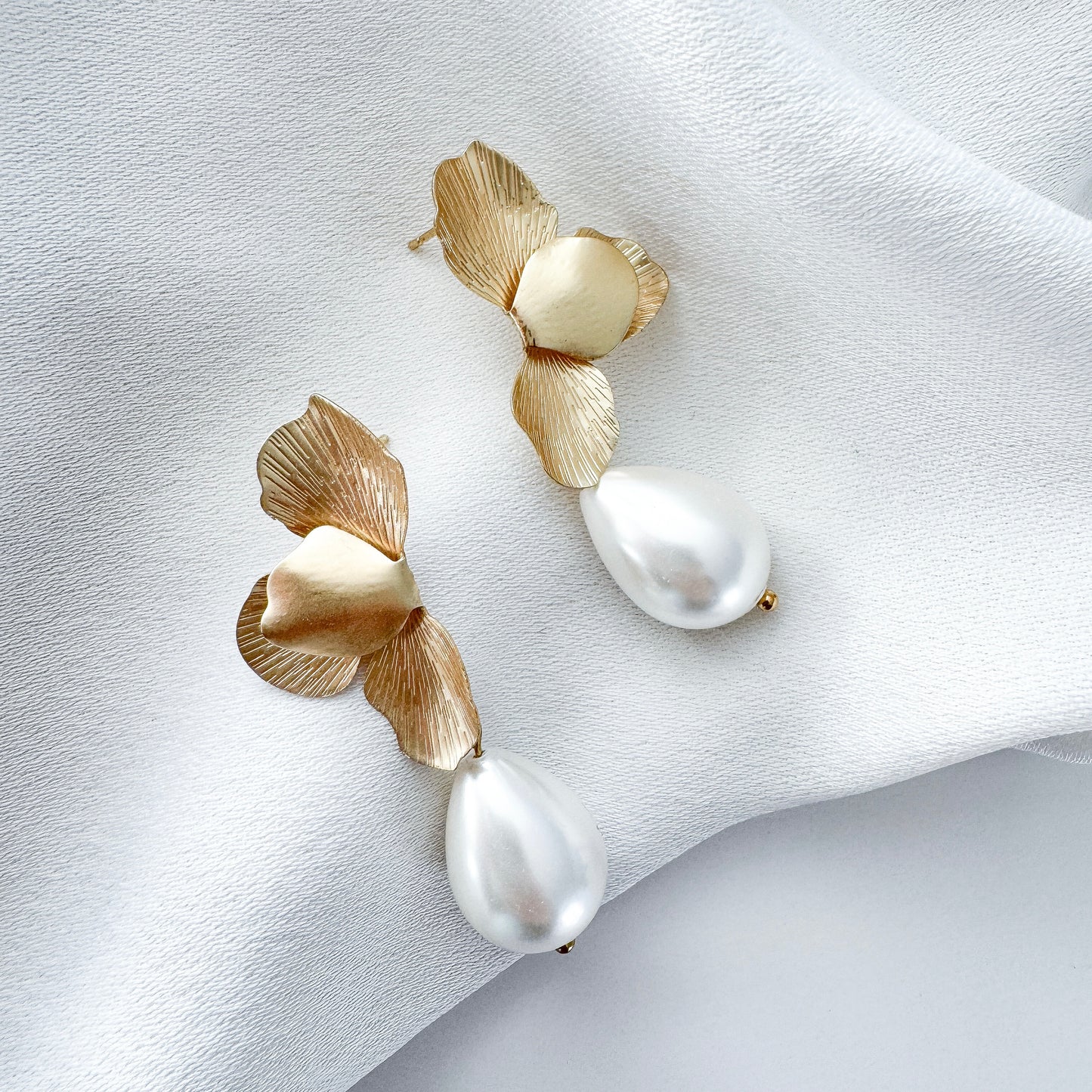 Gold Folded Flower Earrings with Chunky Teardrop