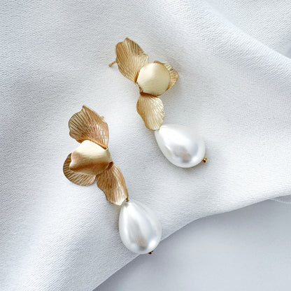 Gold Folded Flower Earrings with Chunky Teardrop