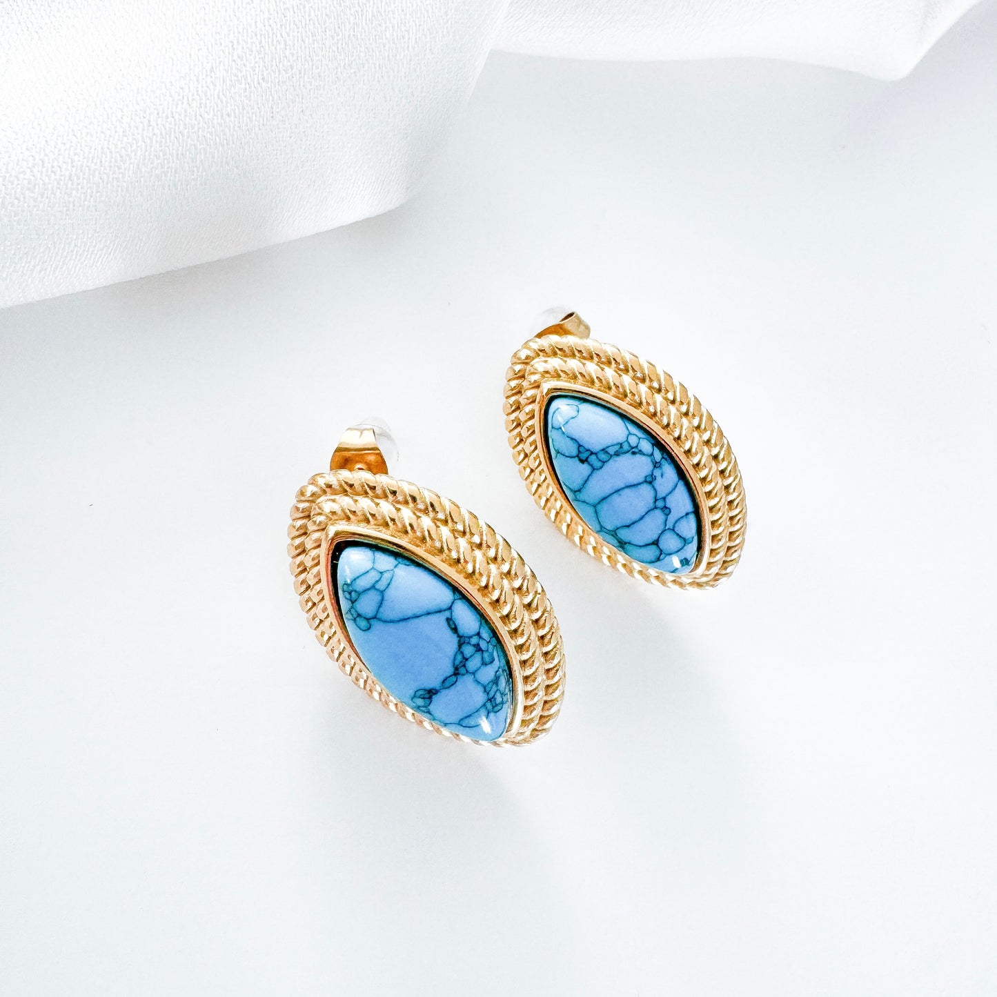 Oval Diamond Shape Blue Stone 18k Gold Earrings