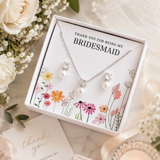 Pearl Bridesmaid Jewellery Gift Set – Cubic Zirconia & Pearl Earrings with Matching Necklace