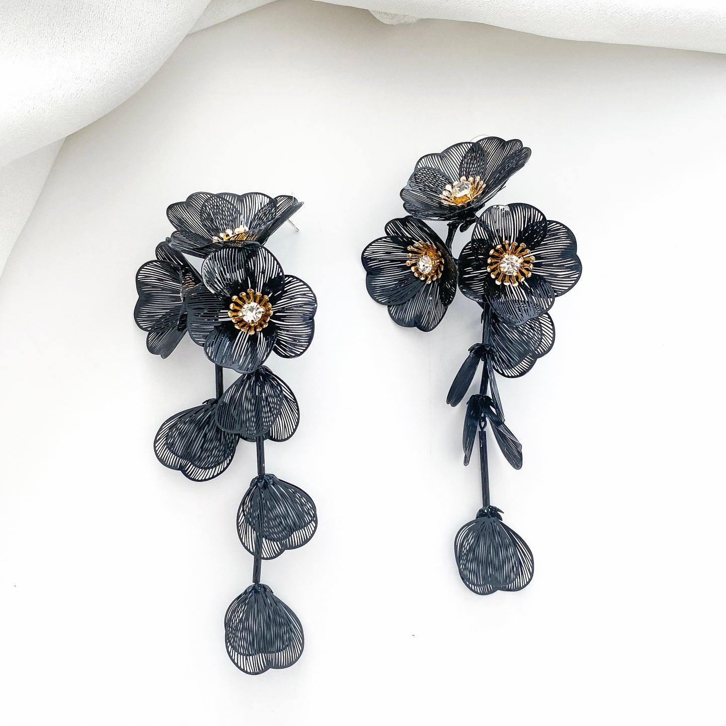 Waterfall Statement Black Flower Earrings