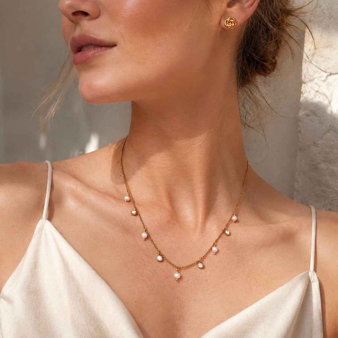 Pearl & Crystal Charm Necklace | Waterproof 18k Gold Plated Necklace