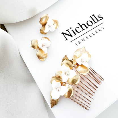 Aurelia Gold Leaf and White Porcelain Flower Wedding Comb and Stud Earrings