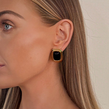 Black Rectangle Gold Earrings, Waterproof, Stainless Steel Statement Earrings
