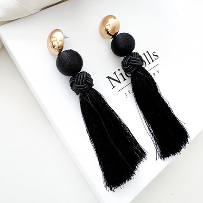 Large Black Tassel Statement Earrings – Gold & Black French Chic Evening Earrings