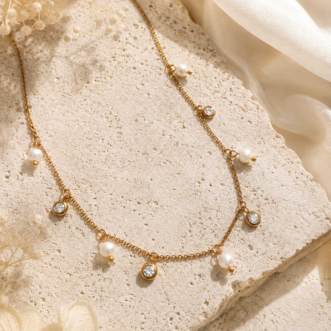 Pearl & Crystal Charm Necklace | Waterproof 18k Gold Plated Necklace