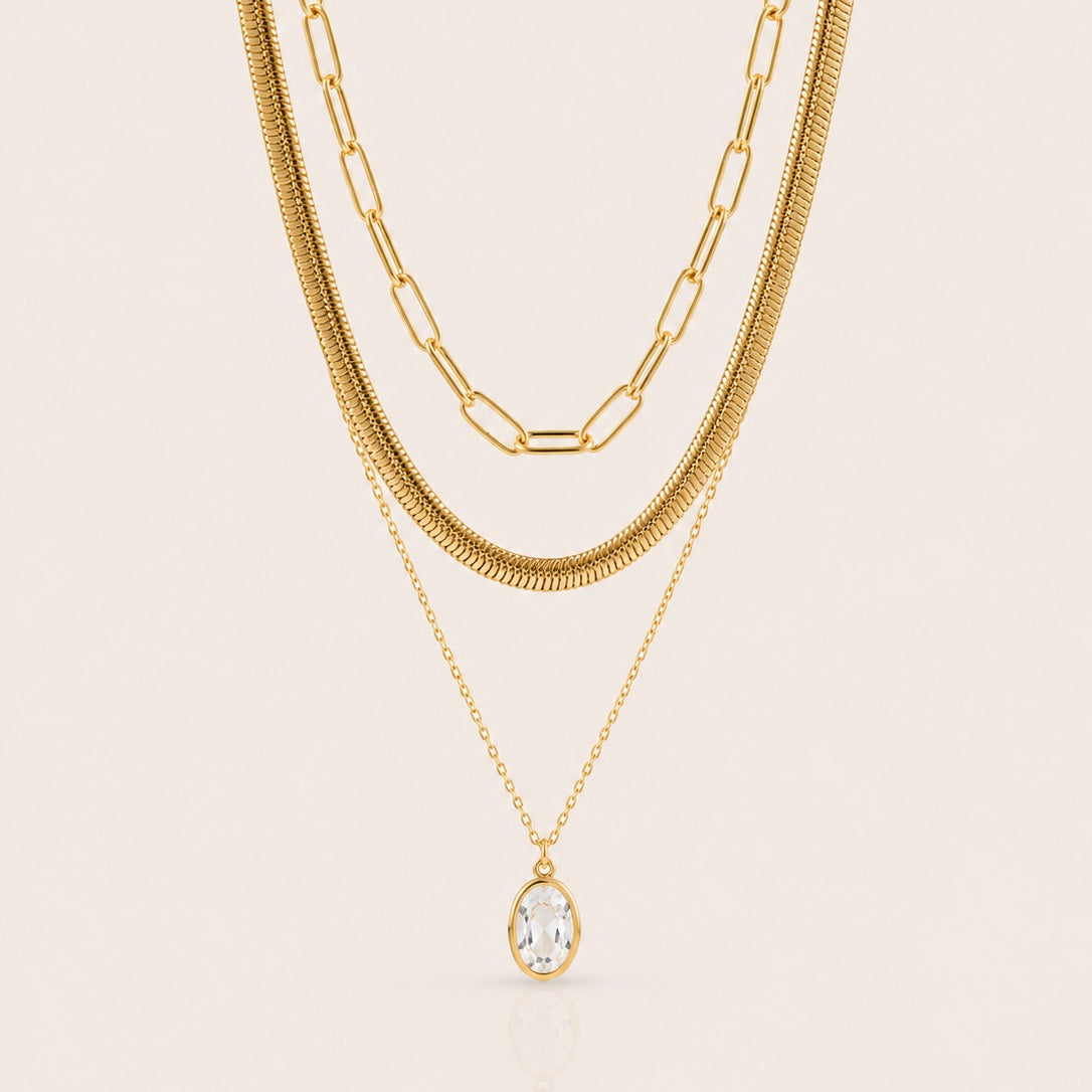 Triple Layer Waterproof Gold Necklace Snake Bone, Paper Chain and Zircon Crystal | 18k Gold PVD Stainless Steel