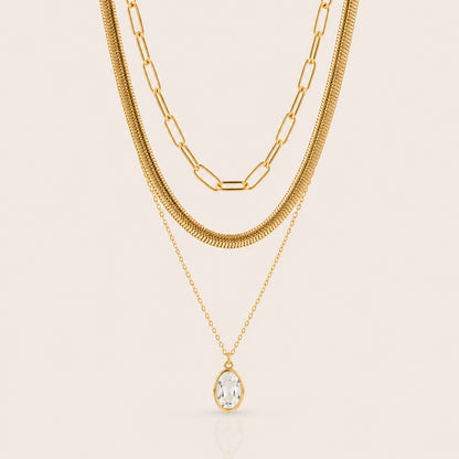 Triple Layer Waterproof Gold Necklace Snake Bone, Paper Chain and Zircon Crystal | 18k Gold PVD Stainless Steel