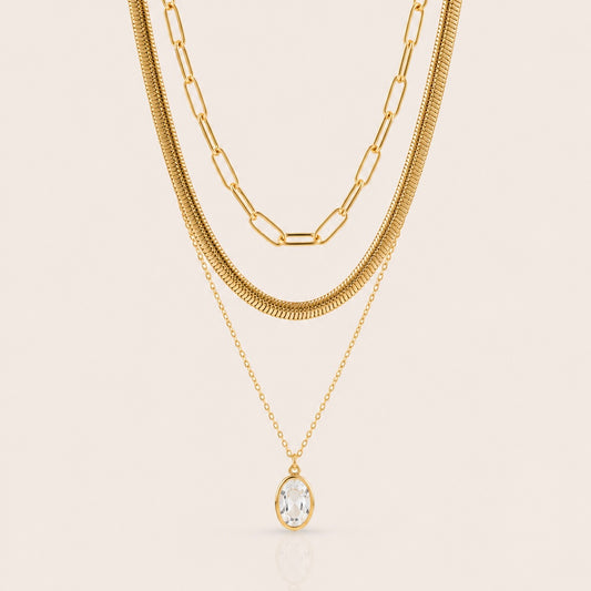 Triple Layer Waterproof Gold Necklace Snake Bone, Paper Chain and Zircon Crystal | 18k Gold PVD Stainless Steel