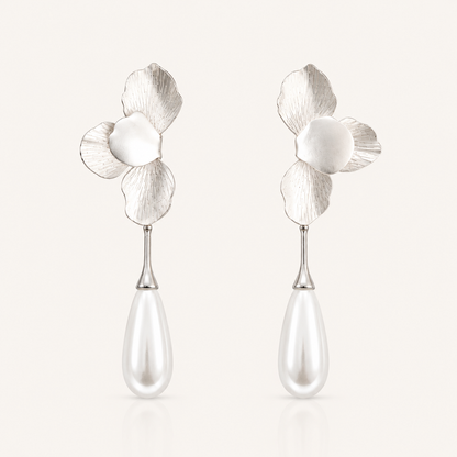 Silver Folded Flower Teardrop Pearl Earrings