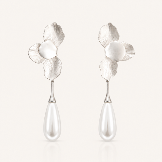Silver Folded Flower Teardrop Pearl Earrings
