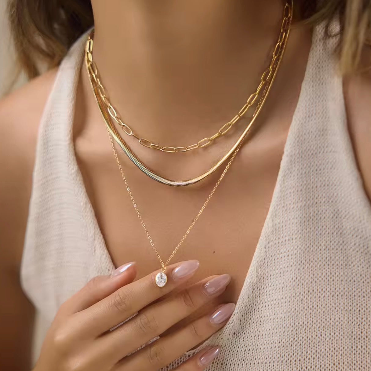 Triple Layer Waterproof Gold Necklace Snake Bone, Paper Chain and Zircon Crystal | 18k Gold PVD Stainless Steel