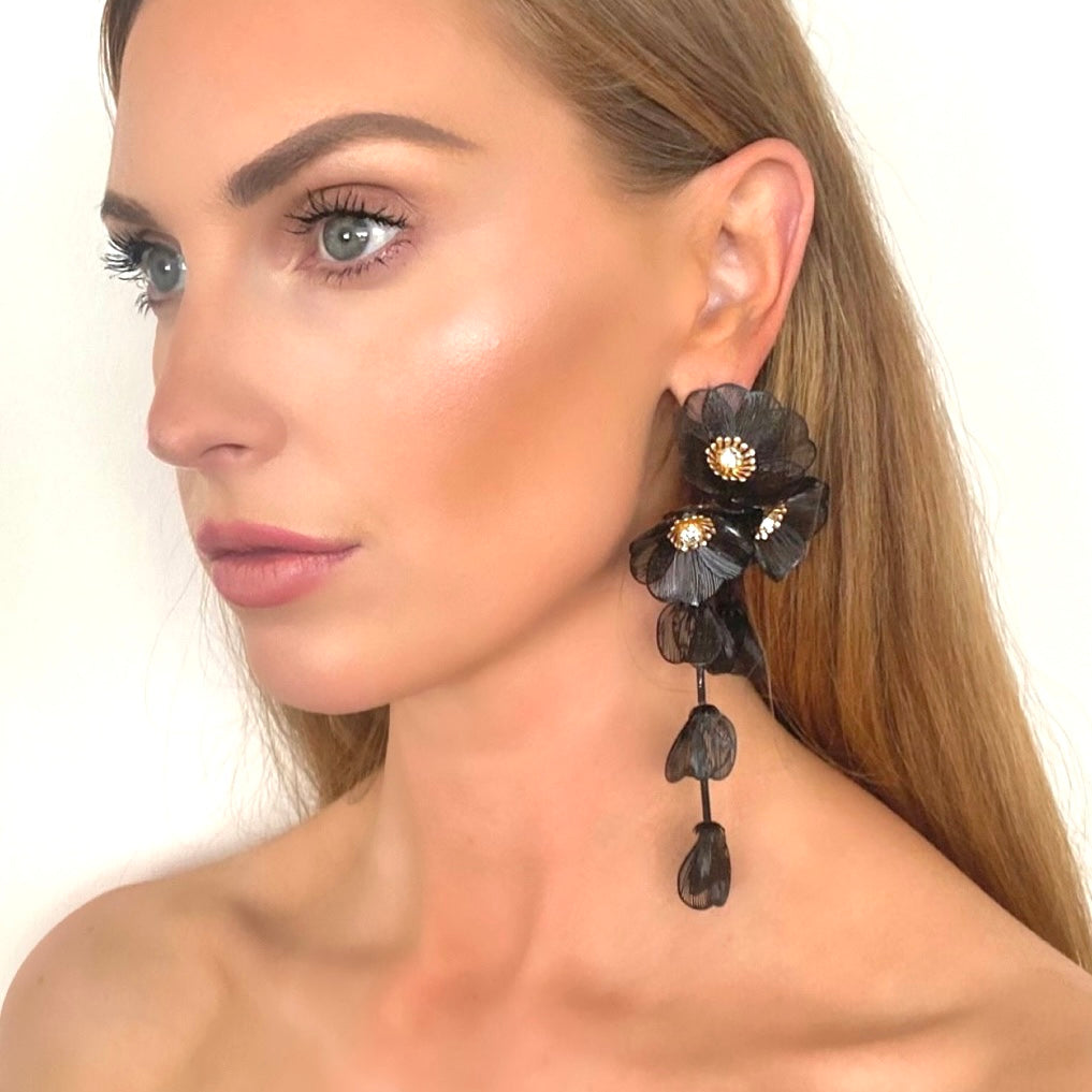 Waterfall Statement Black Flower Earrings