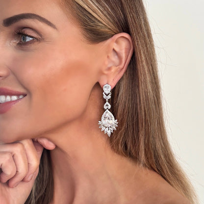 Cubic Zirconia Crystal Long Dangle Earrings with Teardrop and Diamond Shape Detail