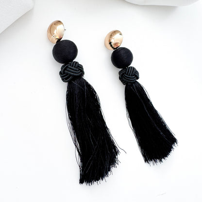 Large Black Tassel Statement Earrings – Gold & Black French Chic Evening Earrings