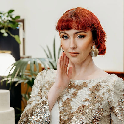 Gold Disc Fan and Pearl Earrings