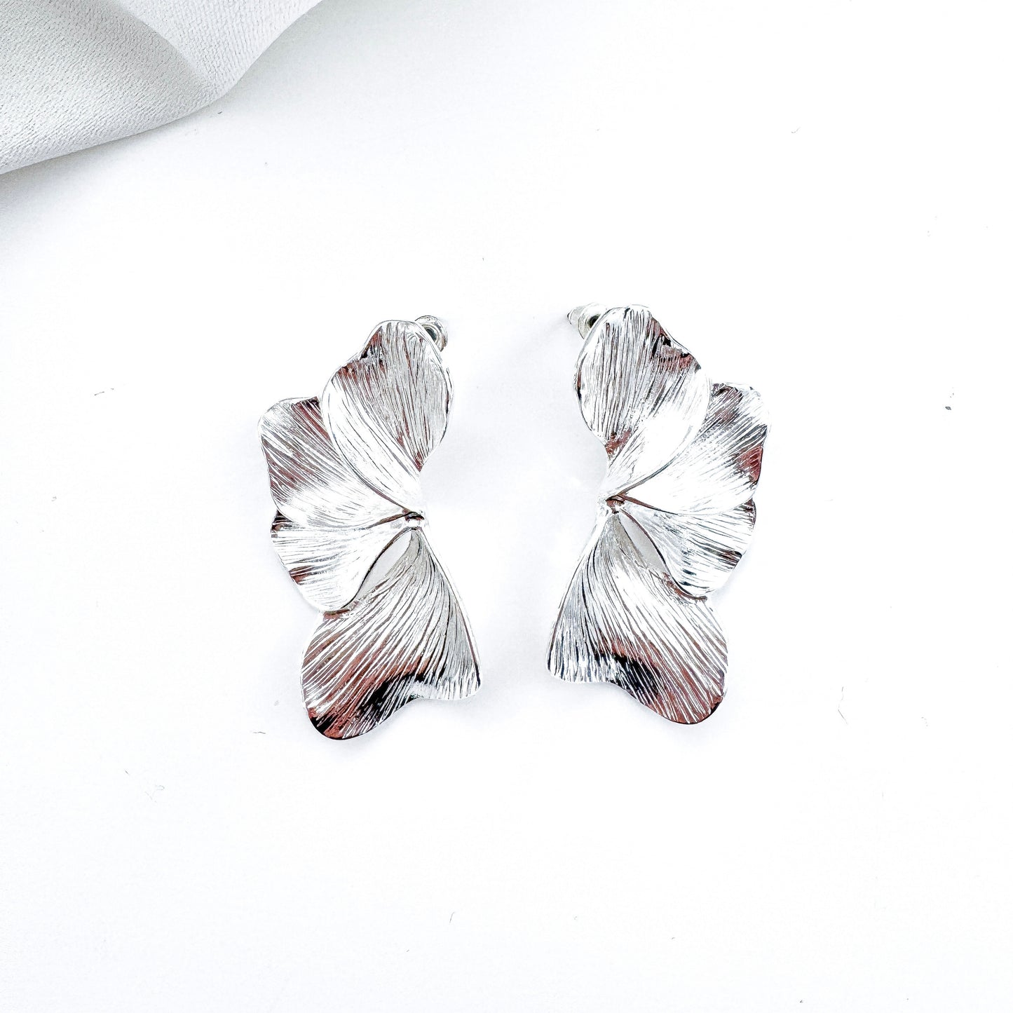 Smaller Silver Iris Petal Flower Earrings - Holiday, Christmas & Party Jewellery