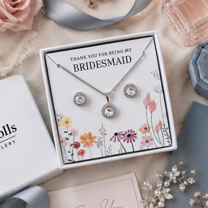 Bridesmaid Jewellery Gift Set – Round Cubic Zirconia Earrings & Necklace Thank You Gift Set