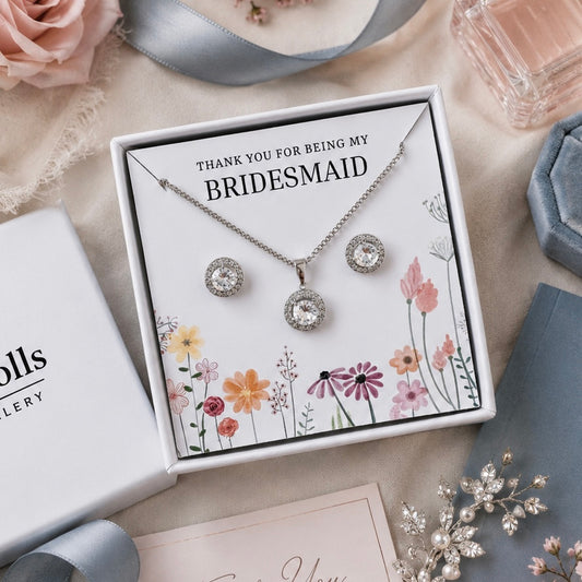 Bridesmaid Jewellery Gift Set – Round Cubic Zirconia Earrings & Necklace Thank You Gift Set