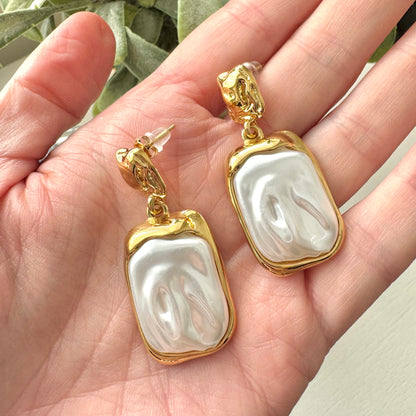 St Tropez Pearl and Gold Rectangle Earrings