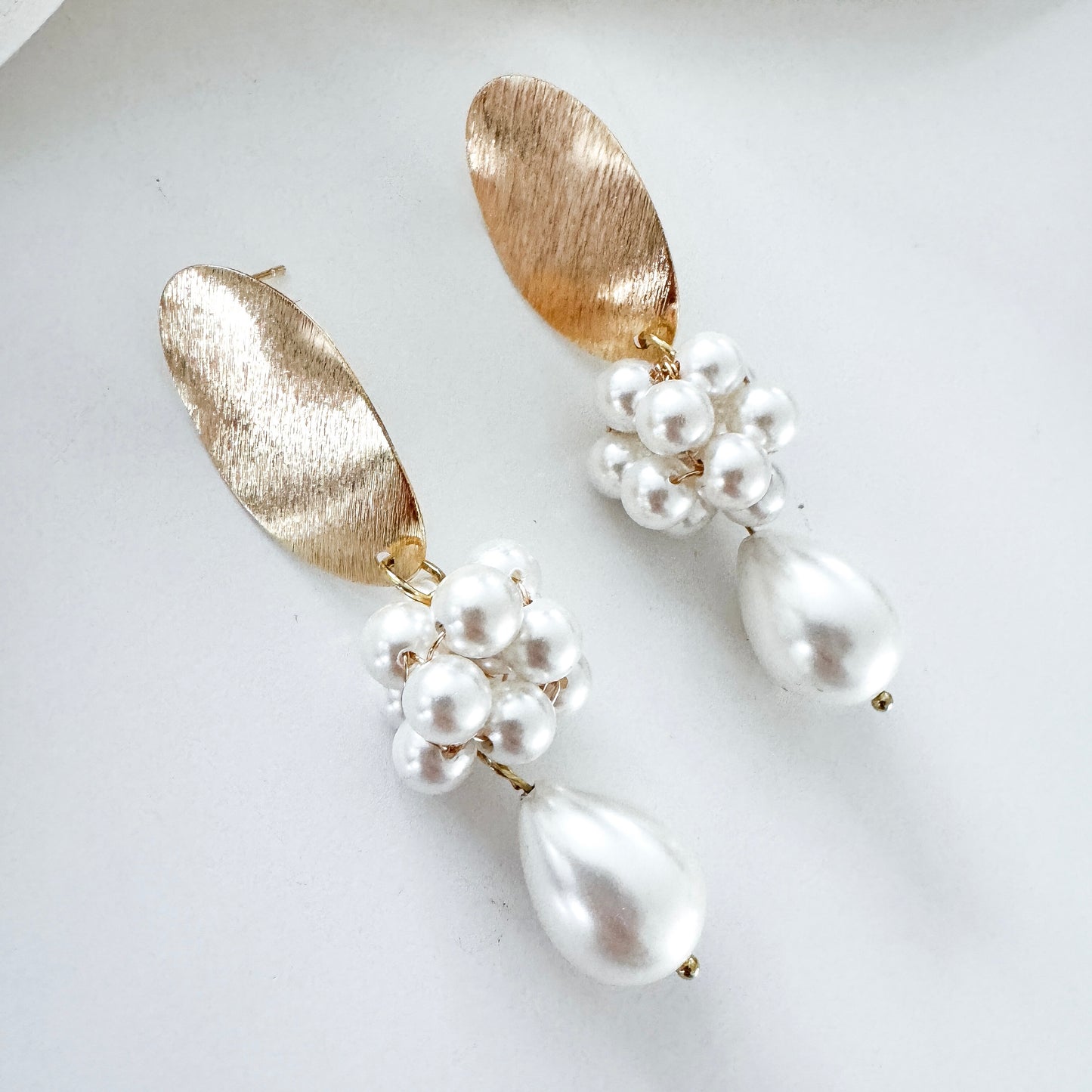 Brushed Gold Oval Cluster Ball and Chunky Pearl Statement Earrings