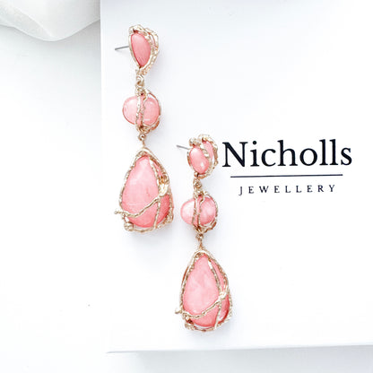 Gold Drip & Salmon Pink Crystal Drop Earrings – Statement Party, Bridal & Christmas Jewellery