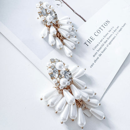 Pearl Tassel Dangle Statement Earrings with Oval Sparkle and Pearl Top Detail