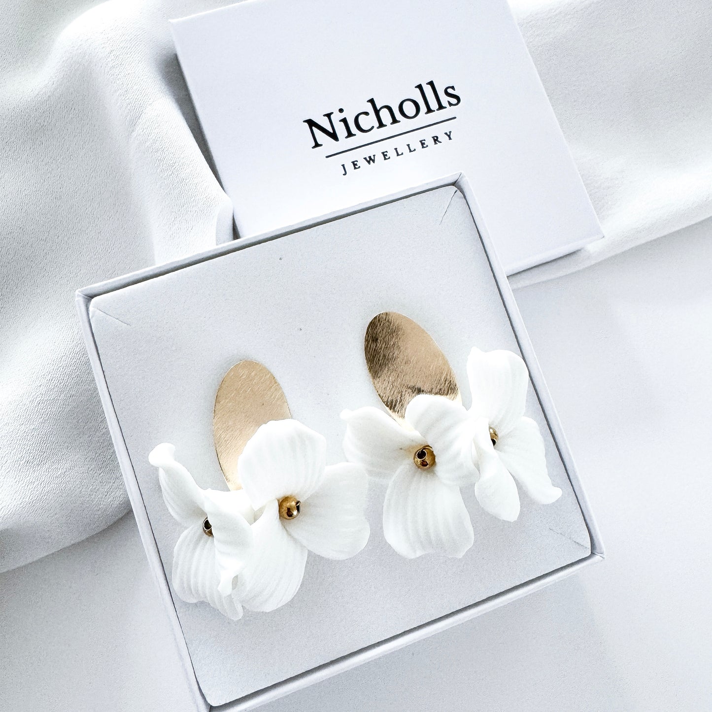 Dahlia Brushed Gold Oval Porcelain Flower Earrings