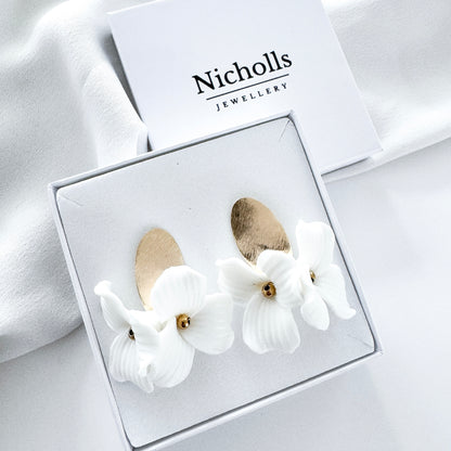 Dahlia Brushed Gold Oval Porcelain Flower Earrings
