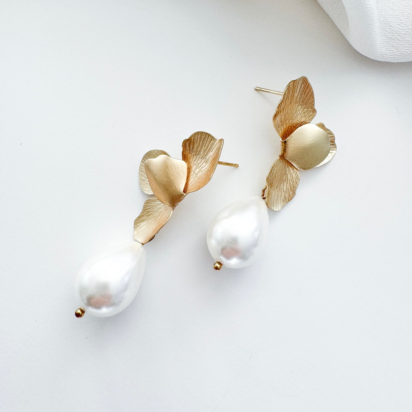 Gold Folded Flower Earrings with Chunky Teardrop
