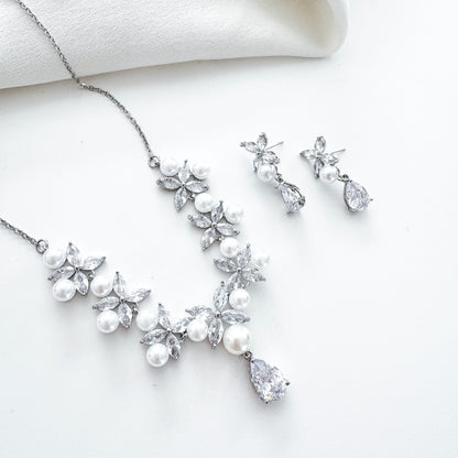 Cubic Zirconia & Pearl Bridal Necklace and Earrings Set – Romantic Wedding Jewellery