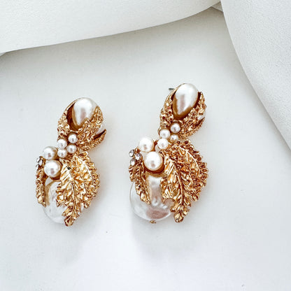 Gold Leaf & Pearl Statement Earrings | Vintage-Inspired Bridal Jewellery