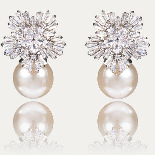 Silver Snowflake Crystal & Pearl Drop Earrings – Christmas, Bridal & Party Jewellery