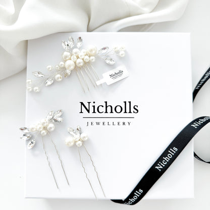 Pearl & Crystal Bridal Hair Comb with Matching Pins – Wedding Hair Accessory